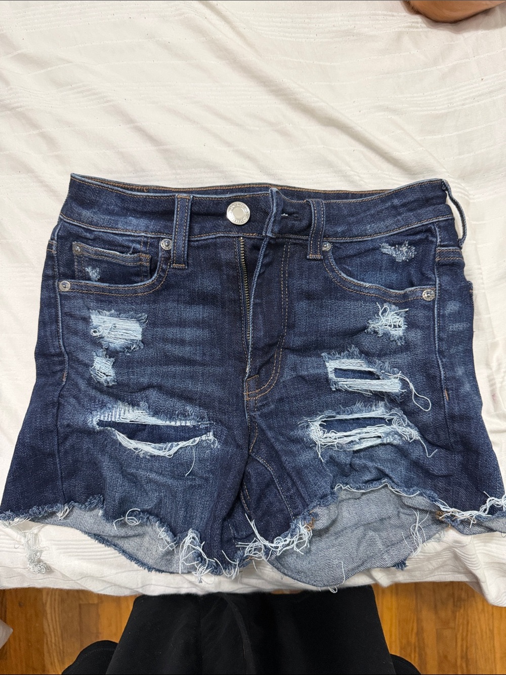 Dark Blue Distressed Denim Shorts - Women's